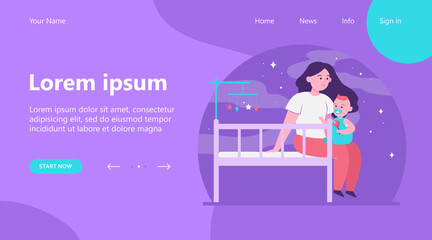 New mom holding and soothing baby. Crib, toddler, playing with child flat vector illustration. Childhood, childcare, parenthood concept for banner, website design or landing web page