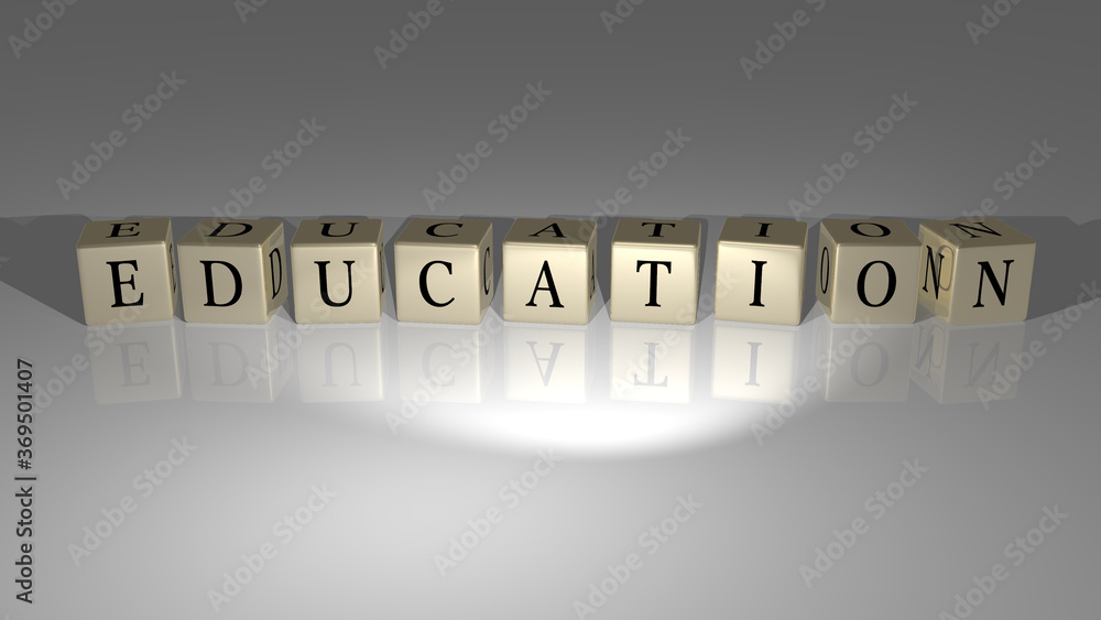 Poster 3d graphical image of education vertically along with text built by metallic cubic letters from the 