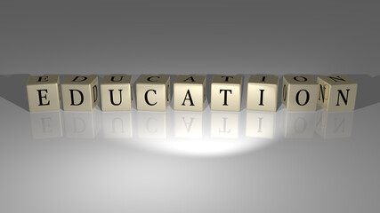 3D graphical image of Education vertically along with text built by metallic cubic letters from the top perspective, excellent for the concept presentation and slideshows. illustration and background