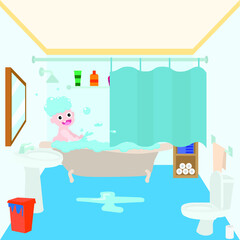 vector image of a baby taking a bath. splashing in the water