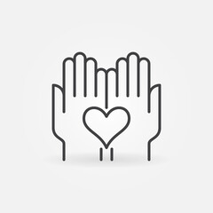 Heart in Hands linear icon. Kindness and Care vector concept line symbol or logo element