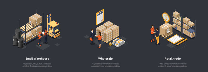 Concept Of Warehouse And Retail Trade. Business People Sign Contracts For Storage And Wholesale. Retail Trade With Storage Goods In Warehouse On Racks And Pallets. Isometric 3D Vector Illustration