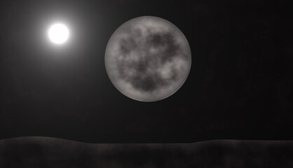 Full moon and shiny planet in dark black sky background