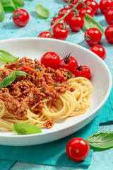 Spaghetti with tomato meat bolognese sauce.