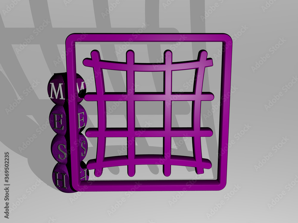 Poster 3D graphical image of MESH vertically along with text built around the icon by metallic cubic letters from the top perspective. excellent for the concept presentation and slideshows. illustration