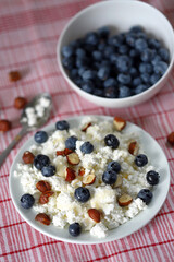 Selective focus. Macro. Plate with cottage cheese, blueberries, nuts and honey. Healthy diet. Keto breakfast or snack.