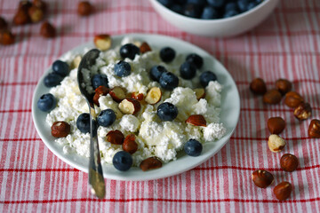 Selective focus. Macro. Plate with cottage cheese, blueberries, nuts and honey. Healthy diet. Keto breakfast or snack.
