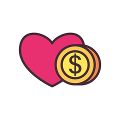 heart with dollar coin line and fill style icon vector design