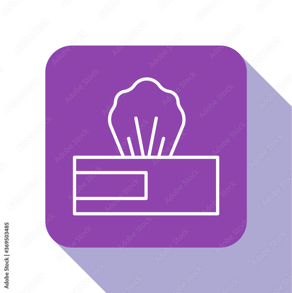 Poster white line wet wipe pack icon isolated on white background. purple square button. vector..