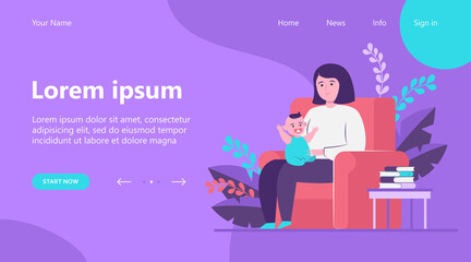 Mother sitting in armchair and holding little baby. Kid, infant, toddler flat vector illustration. Family and parenting concept for banner, website design or landing web page