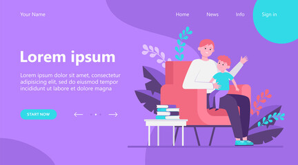 Son sitting on father knees and listening story. Armchair, book, dad flat vector illustration. Family and childhood concept for banner, website design or landing web page