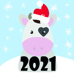 Funny Cow, Santa Claus Hat, vector illustration