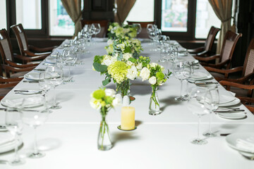 Table served for dinner in living room, close up view