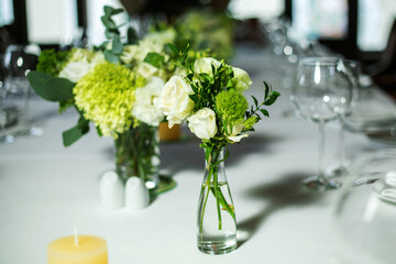 Table served for dinner in living room, close up view
