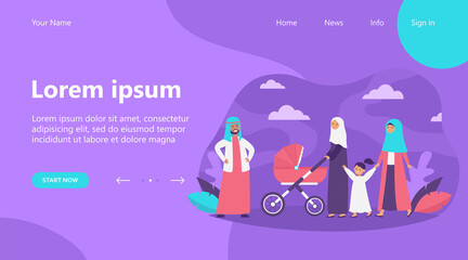 Muslim family walking in park. Kid, nature, love flat vector illustration. Nationality and religion concept for banner, website design or landing web page