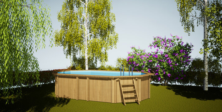 Piscine hors sol en bois, vue 3d
