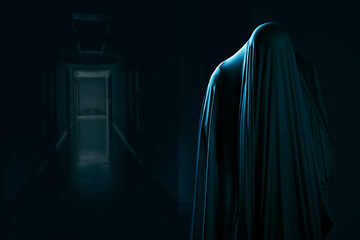 The man is in white clothes and shows a scary looking face  at a creepy hotel corridor, look like...
