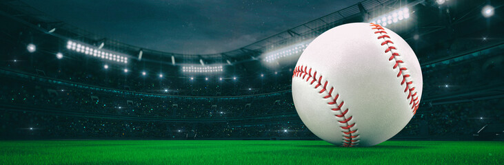 Sport stadium with baseball ball at night as wide backdrop. Digital 3D illustration for background advertisement. - obrazy, fototapety, plakaty