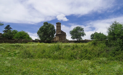 Beautiful landscape with view of the Mozarab and Romanesque Church of Santa Eulalia in the village...