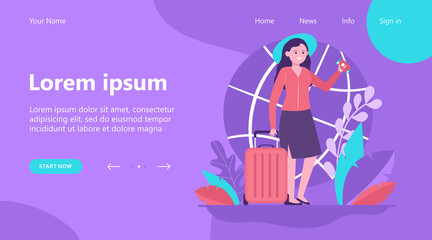 Happy woman travelling to other country. Ticket, bag, journey flat vector illustration. Trip and vacation concept for banner, website design or landing web page