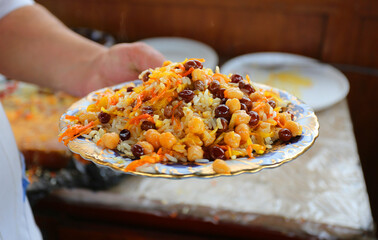 Photo macro of delicious Uzbek pilaf