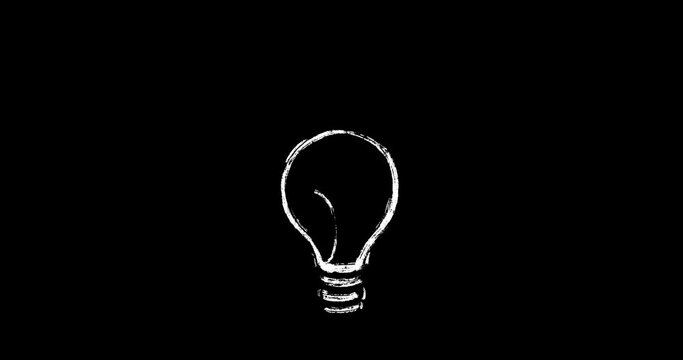 2D animation of drawing a light bulb with white chalk on a black background with the words "Idea". Hand painted with white dry brush. Symbolizes understanding or solving a problem. 