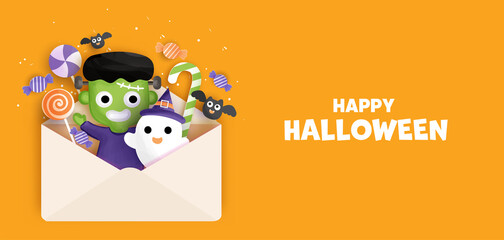 Happy Halloween background with cute  Frankenstein. .