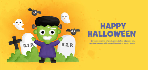 Happy Halloween background with cute Frankenstein. .