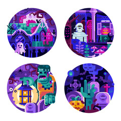 Halloween Circle Icons with Monster Creatures
