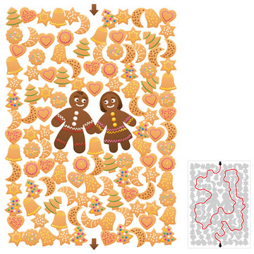 Christmas maze, cookies labyrinth game with gingerbread man and woman. Find the right way through the labyrinth. Xmas fun with solution. Vector on white background.
