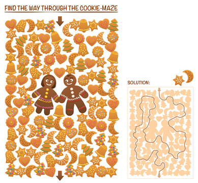 Maze with christmas cookies. Find the right way. Labyrinth game with loving gingerbread man and woman. Xmas fun with solution. Vector on white background.
