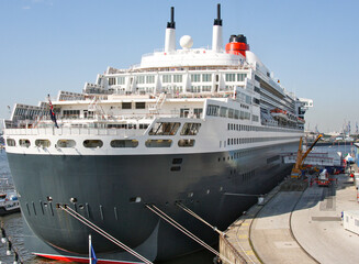 Legendary cruiseship, cruise ship, ocean liner or oceanliner in port of Hamburg, Germany