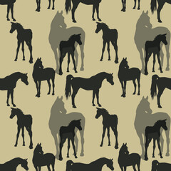 seamless background of figures of Arabian horses, a Mare with a foal and a stallion on a white background