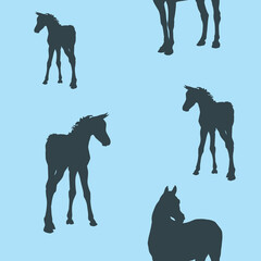 seamless background of figures of Arabian horses, a Mare with a foal and a stallion on a blue background