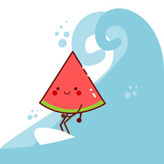 Watermelon character concept illustration. Surfing in the summer. Surfing at sea. Kawaii cartoon style. Happy ice cream day. Summer dessert. Illustration vector.