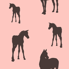 seamless background of figures of Arabian horses, a Mare with a foal and a stallion on a pink background