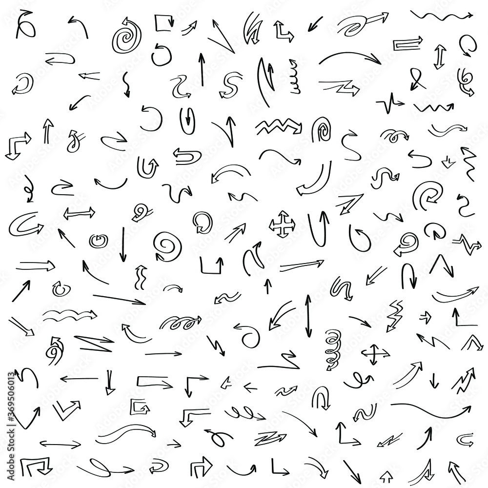 Poster abstract set black collection hand drawn different arrows elements vector design sketch style doodle