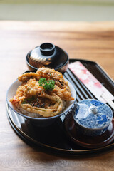 Food series: Tendon, crisp tempura laid over bowl of steamed rice