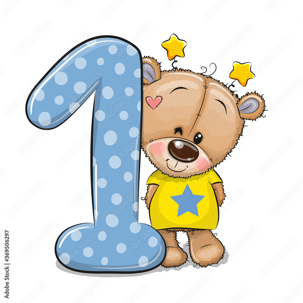 Canvas Prints cartoon teddy bear and number one isolated on a white background