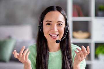 Close-up portrait of her she beautiful cheerful girl operator store shop insurance medicine company manager talking on hot line telemarketing providing support service helpdesk home-based office - obrazy, fototapety, plakaty
