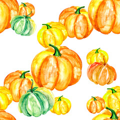 Watercolor, vintage seamless pattern with the image of a pumpkin. Pumpkin orange, yellow, green
watercolor. Background can be used for Halloween