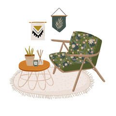 Trendy Scandinavian Urban Greenery at Home Jungle Interior with home decorations. Cozy Home Garden furnished in Hygge style. Crazy Plant Lady illustration. Isolated Vector