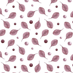 Seamless pattern. Pink leaves and pearls on a white background. Drawing watercolor.