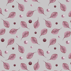 Seamless pattern. Pink leaves and pearls on a gray background. Drawing watercolor.
