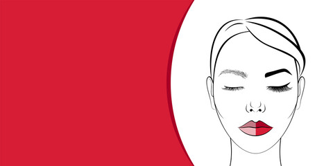 The face of a beautiful girl. Banner for beauty salon. Procedure for lash extensions and permanent makeup. Eyebrow, eye, and lip tattoo before and after. 