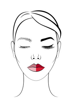 The Face Of A Beautiful Girl. Icon For Beauty Salon. Procedure For Eyelash Extension And Permanent Makeup. Eyebrow, Eye, And Lip Tattoo Before And After. 