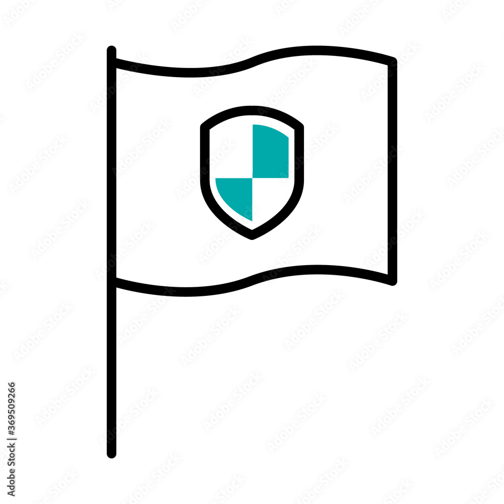 Poster flag with security shield icon, half line half color style