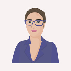 Portrait of a successful business woman. Short haircut, glasses. Business style European young successful woman avatar. Vector illustration, flat design