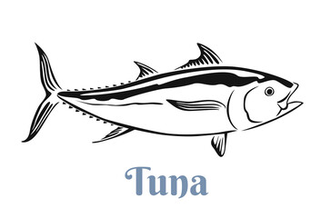 Tuna black and white outline. Vector illustration. Seafood label, icon.