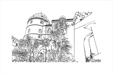 Building view with landmark of Sintra is a resort town in the foothills of Portugal’s Sintra Mountains.  Hand drawn sketch illustration in vector. - obrazy, fototapety, plakaty